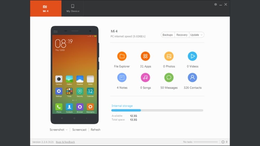 محیط برنامه Xiaomi Mi PC Suit در صفحه کامپیوتر