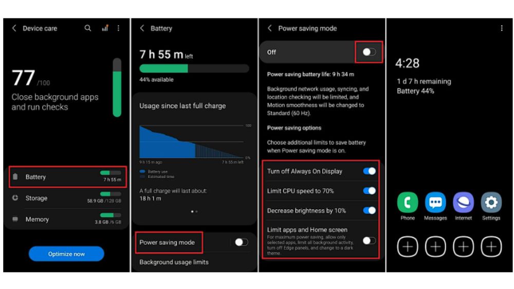 اسکرین‌شات از مراحل فعال سازی power saving mode