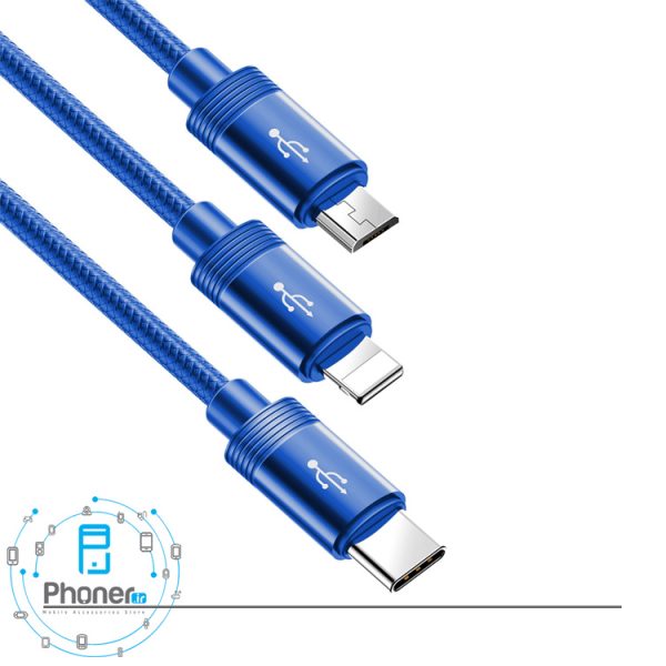نمای کانکتورهای کابل Baseus CAMLT-PY01 Data Faction 3-in-1 Cable در رنگ آبی