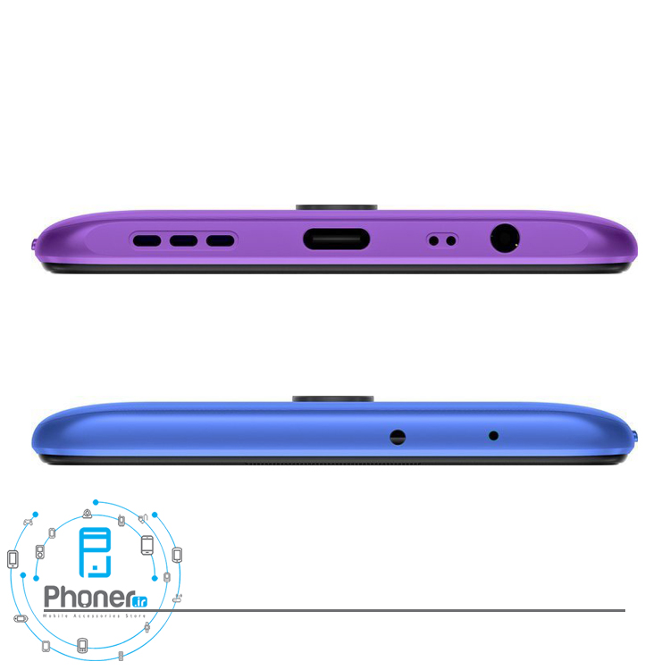 نمای بالا و پایین گوشی موبایل Xiaomi Redmi 9 رنگ آبی-بنفش