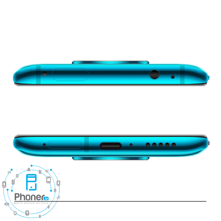 نمای بالا و پایین گوشی موبایل Xiaomi Poco F2 Pro 5G رنگ آبی