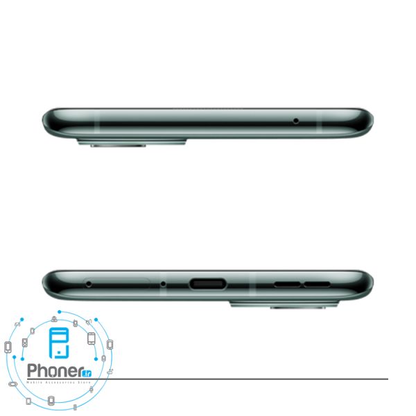 نمای بالا و پایین گوشی موبایل OnePlus 9 Pro در رنگ سبز