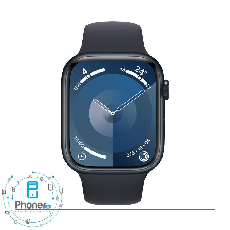نمای روبرو ساعت هوشمند اپل مدل Apple Watch Series 9 45mm با بدنه آلومینیومی در رنگ مشکی